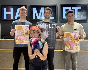 Charlotte Hernandez from Staffordshire Libraries and Arts Service with Hamlet actors Conor Price, Benedict Shaw and Dylan Hulme