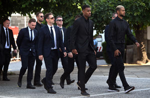 Liverpool's Ryan Gravenberch and Cody Gakpo (right) arrive at the funeral of Diogo Jota and Andre Silva being held at Igreja Matriz de Gondomar in the town of Gondomar near Porto. The Liverpool and Portugal forward died along with his younger brother Andre Silva in the accident in Zamora on Thursday morning. Picture date: Saturday July 5, 2025. PA Photo. Photo credit should read: PA Wire.