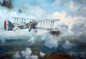 A dramatic painting showing how Shropshire airman Second Lieutenant Dodwell climbed onto the wing to save his shattered plane.