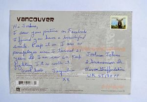 This touching postcard from a 60-year-old paraplegic in Vancouver, Canada tells Josh to keep smiling through his hard time.