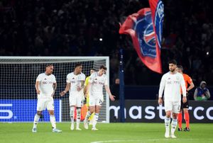 Aston Villa's Pau Torres and team-mates react after they concede a third goal during the UEFA Champions League quarter final, first leg match at the Parc des Princes in Paris, France. Picture date: Wednesday April 9, 2025.