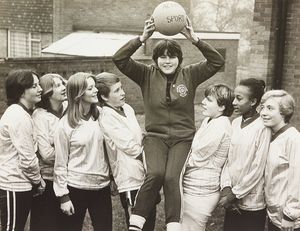 Dudley Action Sport Returns, Mons Hill School. The group had founded Dudley's first women's football team and was appealing for more players in order to enrol in the Women's Football League in the forthcoming season. The photograph shows (from left) Paula Smith, Karen Rowlinson, Tracy Wilkes, Ann Greenfield, Jane Richardson, Kerry Cooper, Tania Wishart and Karen Powell in February 1983.