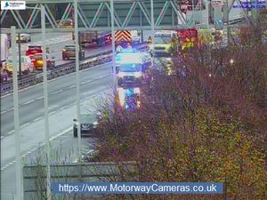 Supporting image for story: Carriageway reopens with delays after two men taken to hospital after M6 crash involving lorry, van and cars