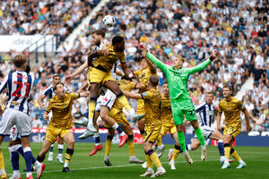 Nat Phillips goes for a header for West Brom against Blackburn (Photo by Adam Fradgley/West Bromwich Albion FC via Getty Images)