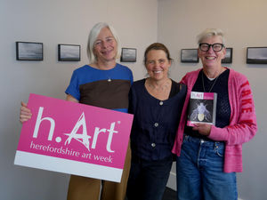 Flock gallery owner Hattie Budd (centre) with former H Art co-ordinator Amanda Fitzwilliams (left) and founding co-ordinator Kate Bull in front of a set of paintings of Hergest Ridge by Daniel Crawshaw. Image by Andy Compton