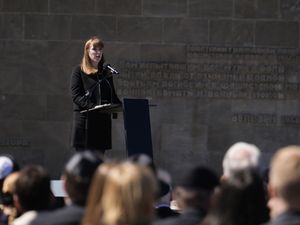 Deputy Prime Minister Angela Rayner speaking during a service at Bergen-Belsen