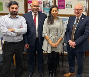 (l-r) Kasim Choudhary practice manager at Central Clinic Dudley, Cllr Shaukat Ali, Sonia Kumar MP and David Melbourne ICB Chief Executive. Picture Cllr Shaukat Ali