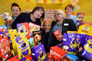Sarah McCormick, Sara Ward, Cyrille, Amanda Winwood and Joane Maher are surrounded by eggs