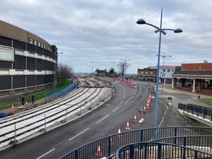 Work on the tram lines in Dudley Town Centre. Picture: Local Democracy Reporting Service/Martyn Smith