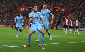 Batth celebrates scoring against Southampton in a recent Carabao Cup tie (© AMA / Catherine Avill)