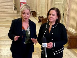 Sinn Fein president Mary Lou McDonald and vice president Michelle O’Neill in the Great Hall of Parliament Buildings at Stormont, Belfast