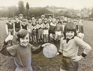 Smithies (Morville) v Monkhopton School, Bridgnorth, December 1976: When the two village school football teams met in a friendly derby, both had girls as captains. The photograph shows Debra Fieldhouse (left) and Gillian Garbett (right) in front of their teams.
