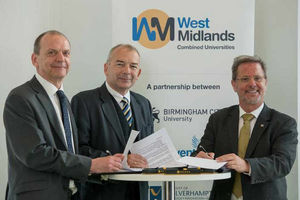 Vice-Chancellors Geoff Layer (Wolverhampton), John Latham (Coventry) and Cliff Allan (Birmingham City)