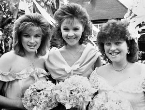 The Bridgnorth Festival, May 1988. The caption reads: 'Bridgnorth Festival Queen Claire Fullwood (centre) with attendants Hayley Smith (left) and Helen Dodd preparing to lead the town's carnival procession.' 