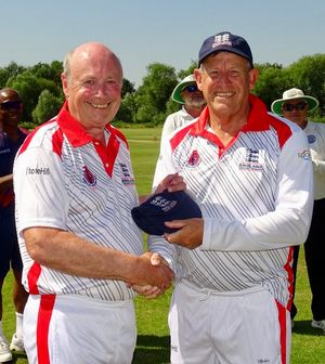 Peter Hayes from Ellesmere (left) is presented his England cap at the 2024 World Cup