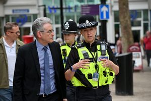West Midlands PCC Simon Foster with a police team on patrol in Wolverhampton city centre as part of the Safer Streets Summer initiative. Here he is seen with Inspector Sophie Clement.