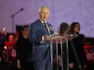 The King speaks during the concert celebrating the 80th anniversary of VE Day