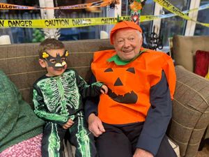 Peter the Pumpkin with a spooky sidekick