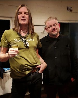 Courtney Taylor-Taylor of The Dandy Warhols backstage with Gavin Monaghan