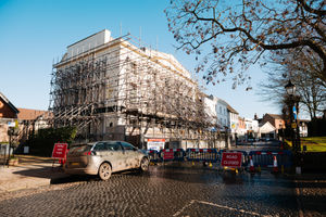 LAST COPYRIGHT SHROPSHIRE STAR JAMIE RICKETTS 07/02/2023 - The Royal Victoria Hotel in Newport Shropshire has been ordered to take down scaffolding, sort the problems with the building and put back up the scaffolding. Road closure currently in place for 21 days and business have had to shut around it for safety..