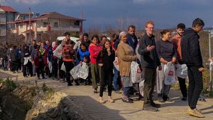 Locals lined up to receive supplies