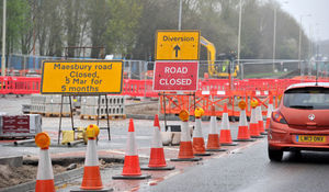 Roadworks on the A483 at Oswestry with the junction of Maesbury Road