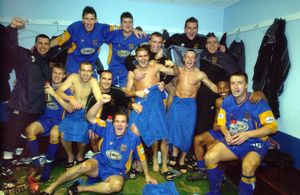 Shrewsbury Town's team celebrate after their 2-1 victory over Everton during their FA Cup Third Round match at Gay Meadow on January 4, 2003. PA Photo: David Jones.