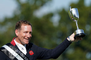 Oliver Townend celebrates first place on Ballaghmor Class during day four of the 2023 Defender Burghley Horse Trials - the third, and most recent, of his Burghley triumphs