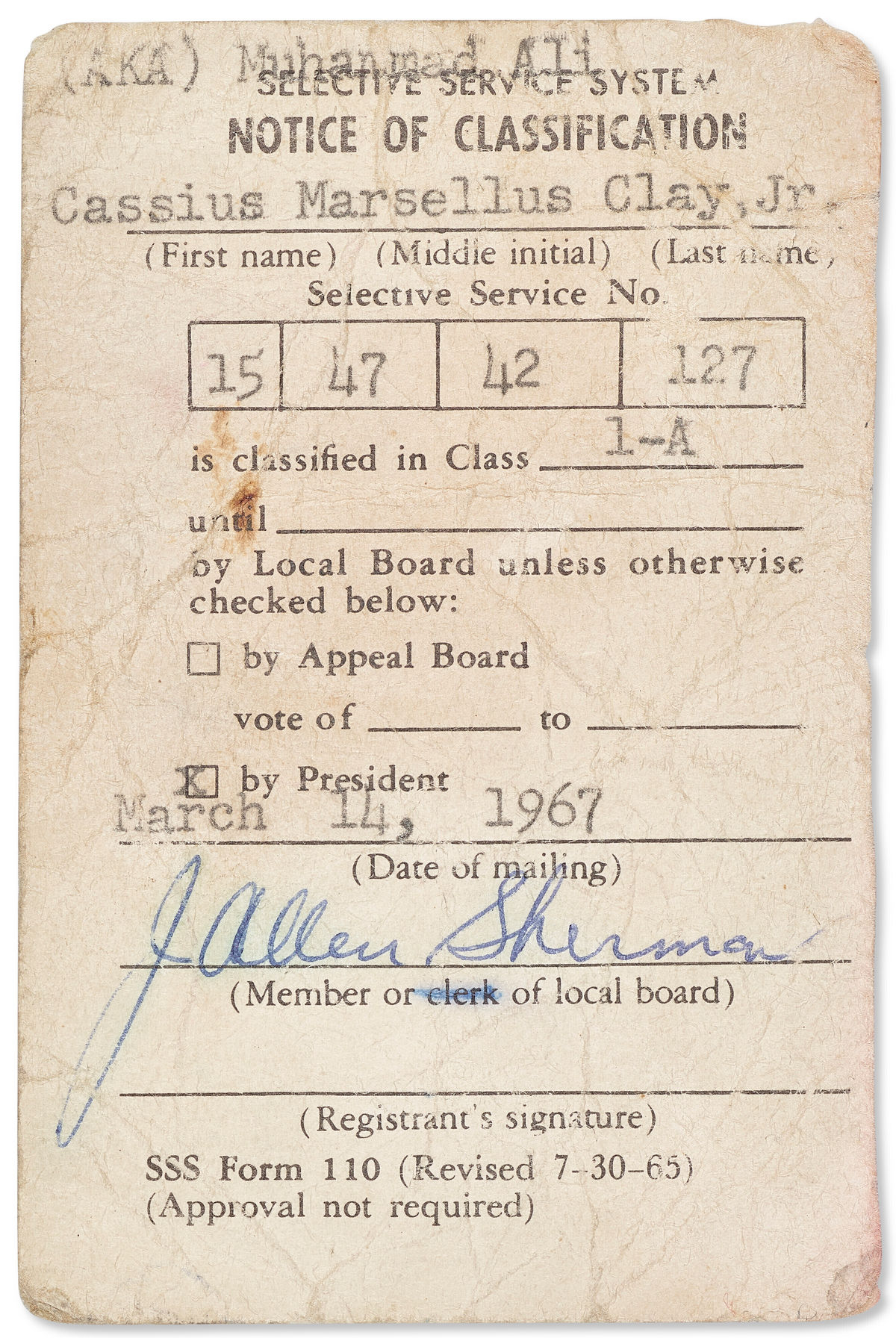 Muhammad Ali&rsquo;s unsigned draft card to be auctioned