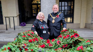 Rose Cook Monk from Dudley Remembers joins the Mayor of Dudley outside Dudley Council House