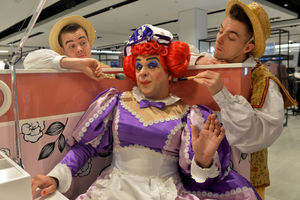 Panto dame Ian Adams, who plays Dame Trott, visits Debenham's in the Mander Centre for a make over before his next performance in Jack and the Beanstalk at the Grand.Pictured with left , Danny Fogarty and Charlie Kendall