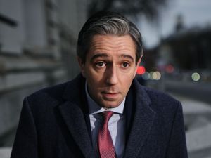 Taoiseach Simon Harris speaking to members of the media outside Government Buildings (PA)
