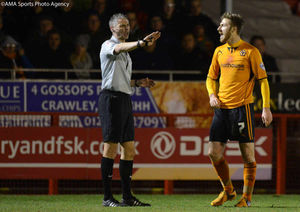 James Henry of Wolverhampton Wanderers has words with referee Carl Berry.