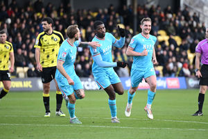 Daniel Kanu celebrates his goal for Walsall at Harrogate (Owen Russell)