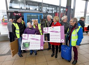 MP Emma Reynolds joins members of the TUC Midlands Pensioners Network at Wolverhampton bus station to promote maintaining the free bus pass