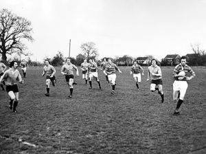 'Salop v Warwick', January 22, 1975. Alun Stoll of Bridgnorth Rugby Club, (but here seemingly playing for Shropshire), streaking down the wing with the ball