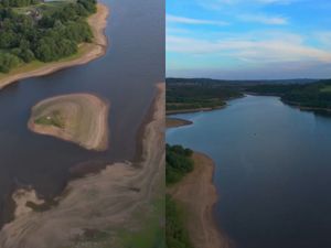 Supporting image for story: Drone footage shows low water levels at Staffordshire reservoir as drought declared in West Midlands