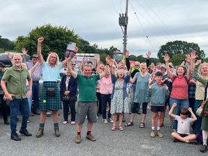 Builth Wells Mayor Councillor Mark Hammond and Llandrindod Wells Mayor Councillor Steve Deeks-D'Silva with campaigners at Hundred House