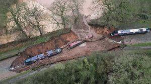The scene in Whitchurch after a huge sinkhole swallows two narrowboats.