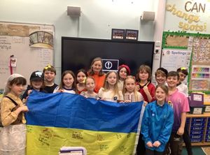 Mila Prysyazhna (centre) shared Ukrainian culture with children at Coleham Primary School