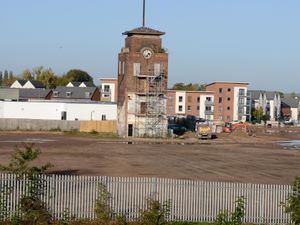 Supporting image for story: Going, going... gone: Just the clock tower left after Wolverhampton Goodyear demolition