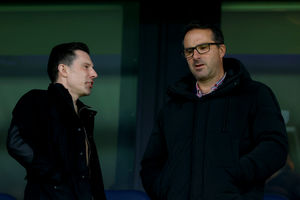Albion club president and sporting director Andrew Nestor, left, speaks with director of football operations Ian Pearce at The Hawthorns last month. (Photo by Adam Fradgley/West Bromwich Albion FC via Getty Images)