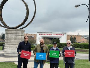 Councillor Keiran Casey at the Castlegate Complex alongside Councillor Karl Denning and local residents Gordon Laird and Terry Ledbury.