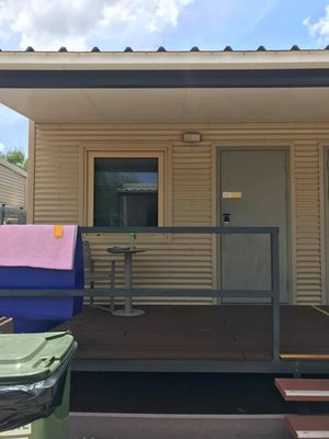 Pat's home for two weeks with her yoga mat and tiny decking