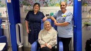 First patient, Jackie, with Haematology and Oncology Sister, Emily Cartwright, and Haematology Healthcare Assistant, Rachael Riddiford. PIC: UHB NHS Trust