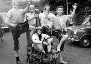 This is a 1965 Harper Adams pram race, but the lads are unidentified. The image was supplied by Alan & Heather Cooke and shared by Linda Fletcher of Newport History Society. The society were scanning for their image archive.