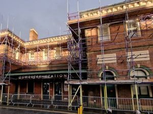 Scaffolding has surrounded the Cambrian Railway Building in Oswestry since 2022