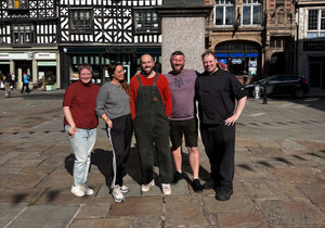 From left, EJ Hopson-VandenBos from Shrewsbury BID, Saskia and Steve Guy, Darren Tomkins from Gindifferent, and Ben Hall, Chef and Co-owner at The Walrus.