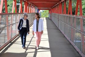 MP Lucy Allan with Shirley Tart on the old Telford Central footbridge