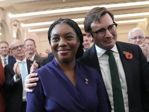 Kemi Badenoch is congratulated by her husband, Hamish Badenoch, after being elected Tory leader